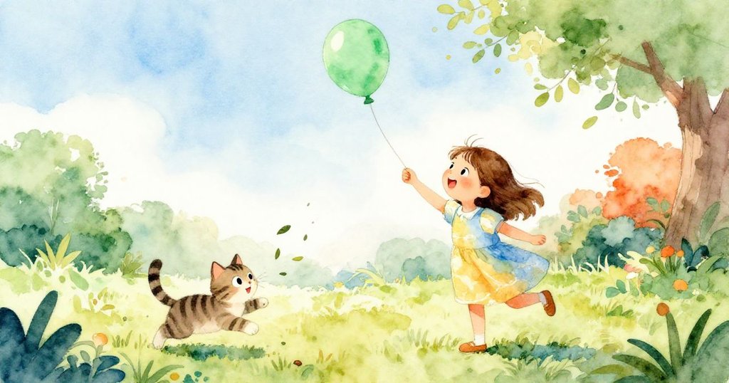 Lena看著自由高飛的綠色氣球，條紋貓嬉戲拍打落葉，庭院展現開闊與希望，充滿柔和夕陽及青嫩色彩，溫馨而美好。