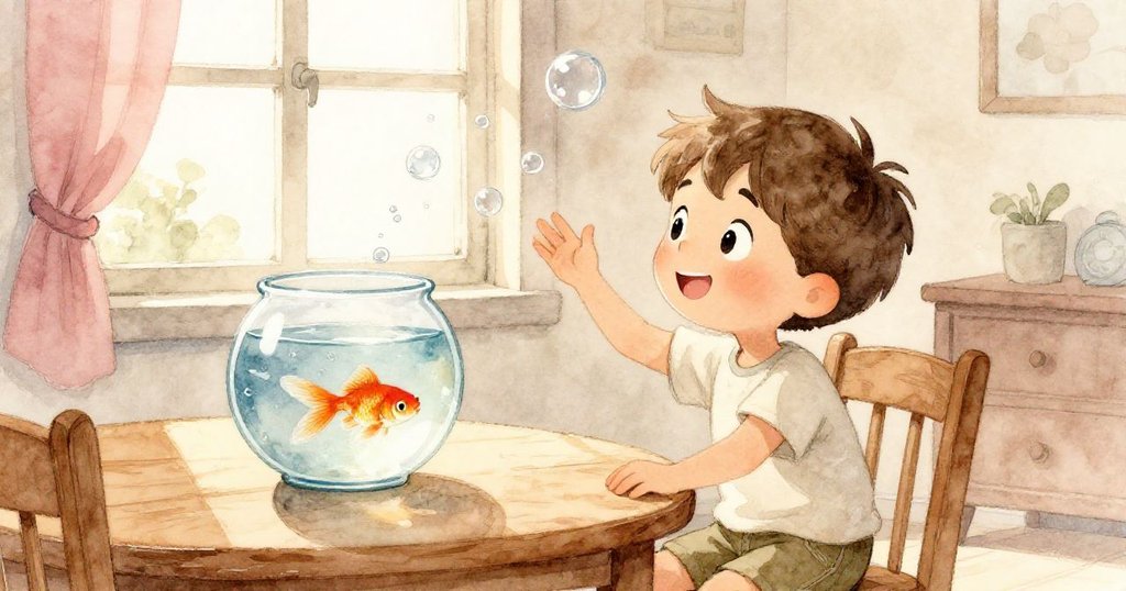 本站在明亮溫暖的房間中,注視著桌上魚缸中金魚游動和泡泡上升,臉上洋溢著好奇與歡樂。