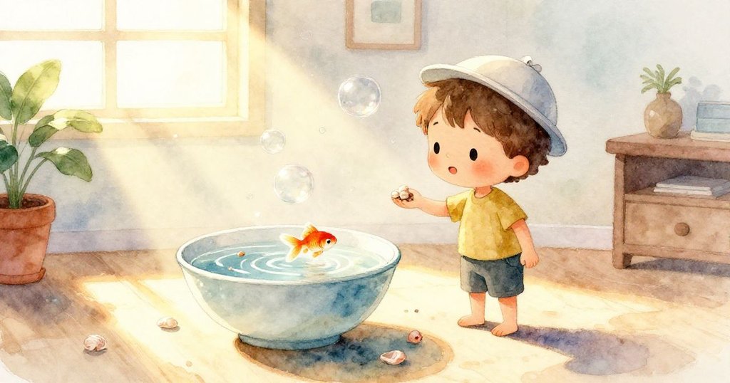 本的手正在旋轉緊扣的魚飼料容器蓋,容器上散落著魚飼料片和細小貝殼,細節豐富且充滿質感。