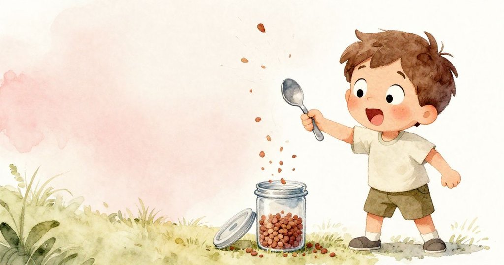 本用湯匙輕敲魚飼料容器,蓋子突然彈開,魚飼料片飛舞空中,本露出驚喜與快樂的神情,情境生動有趣。