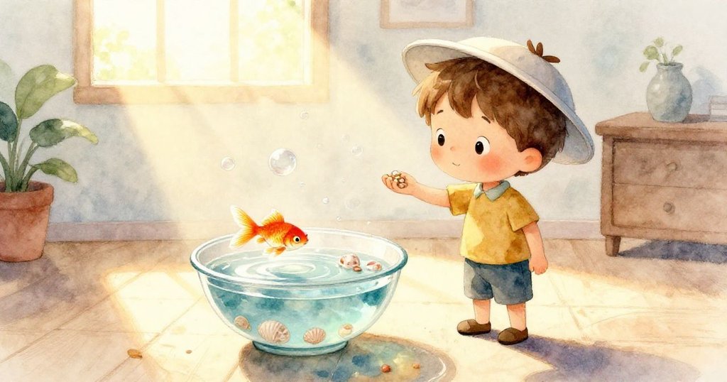 從上方俯視魚缸,魚飼料片隨水緩緩下落,多條金魚與其他小魚在水中優雅地穿梭,營造出寧靜動人的畫面。