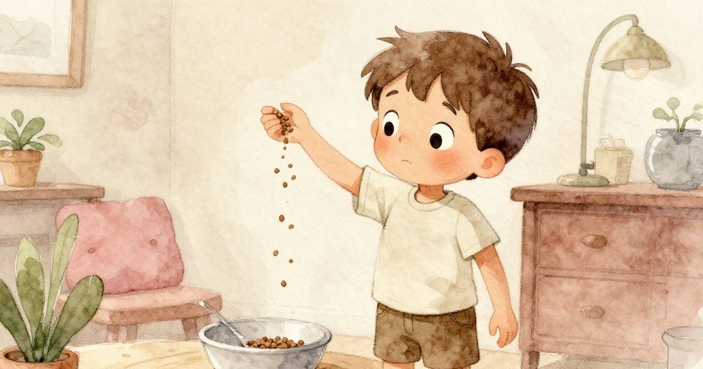 本發現衣袖上沾有魚飼料片,迅速甩去後重新拿起湯匙,他的表情既思索又充滿期待,情境溫馨。