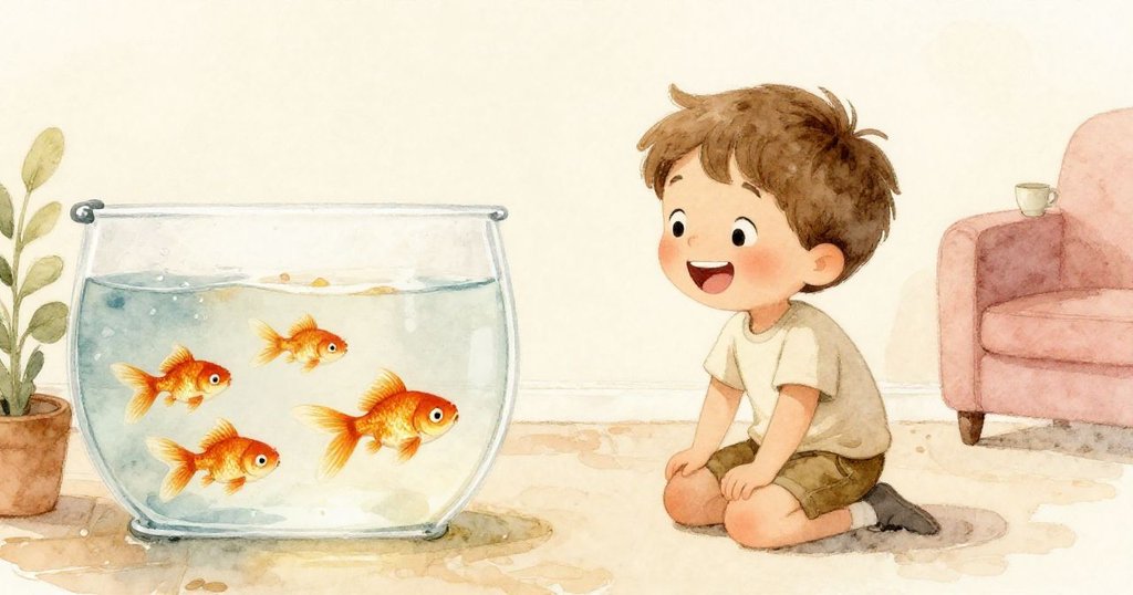 本滿臉笑容地注視魚缸中金魚和其他魚共享安靜的餵食時光,水面恢復平靜,整個房間充滿溫馨與和諧。