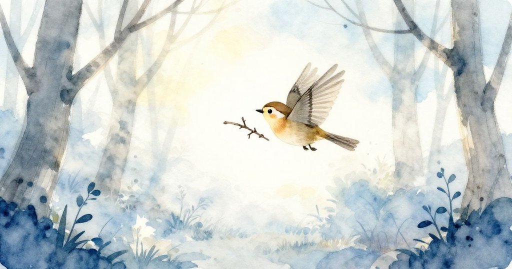 小鳥在晨曦中快樂飛翔,攜帶乾枝,在樹林邊緣的薄樹幹間穿梭,展現冒險開始。