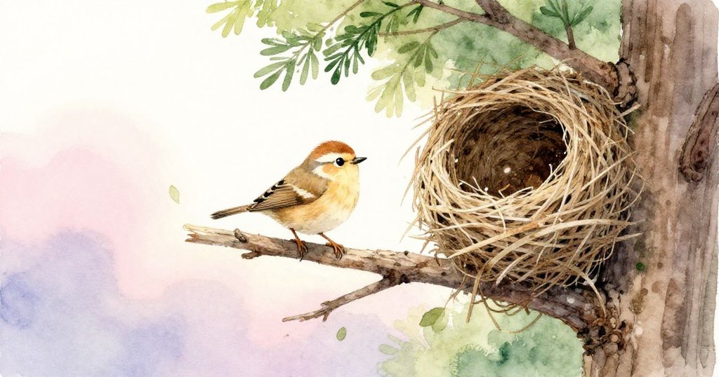 小鳥小心翼翼降落在搖晃的樹枝上,旁邊隱約可見半建的鳥巢,表情專注充滿期待。