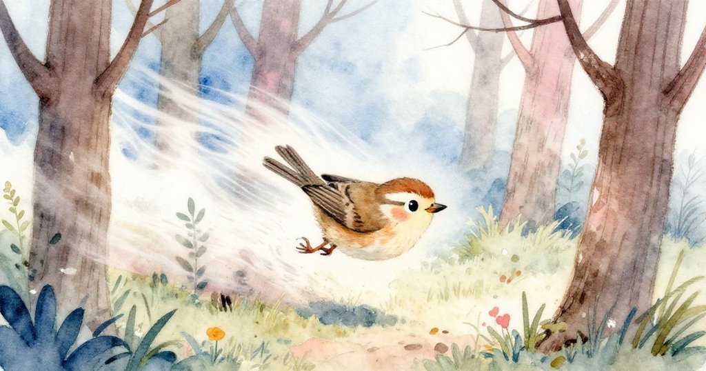 小鳥勇敢低飛穿梭樹林,利用粗壯的樹幹作掩護,風中捲起塵土,展現出自然力量和奮勇前行。