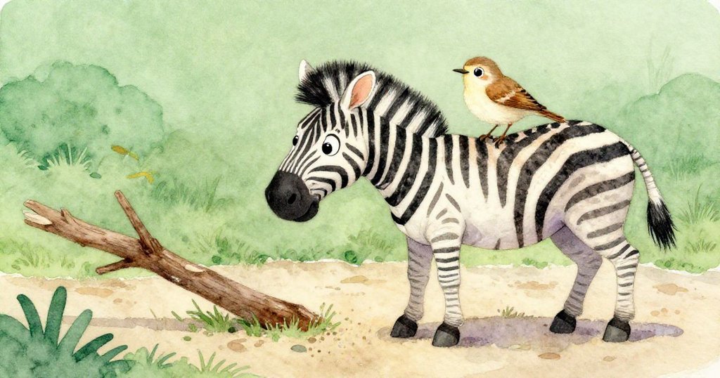 斑馬在森林邊緣悠然走過,無意碰動鳥巢支撐樹枝,小鳥依附斑馬背上展現緊張而勇敢的瞬間。