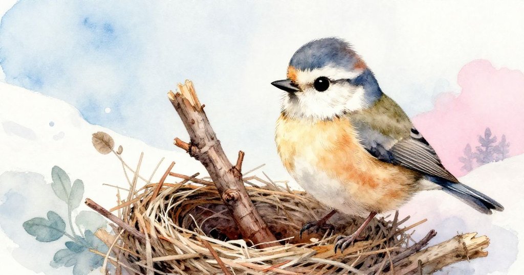 小鳥滿懷喜悅地把破損乾枝放進鳥巢,溫暖光線下鳥巢與穩定樹枝呈現寧靜美好結局。