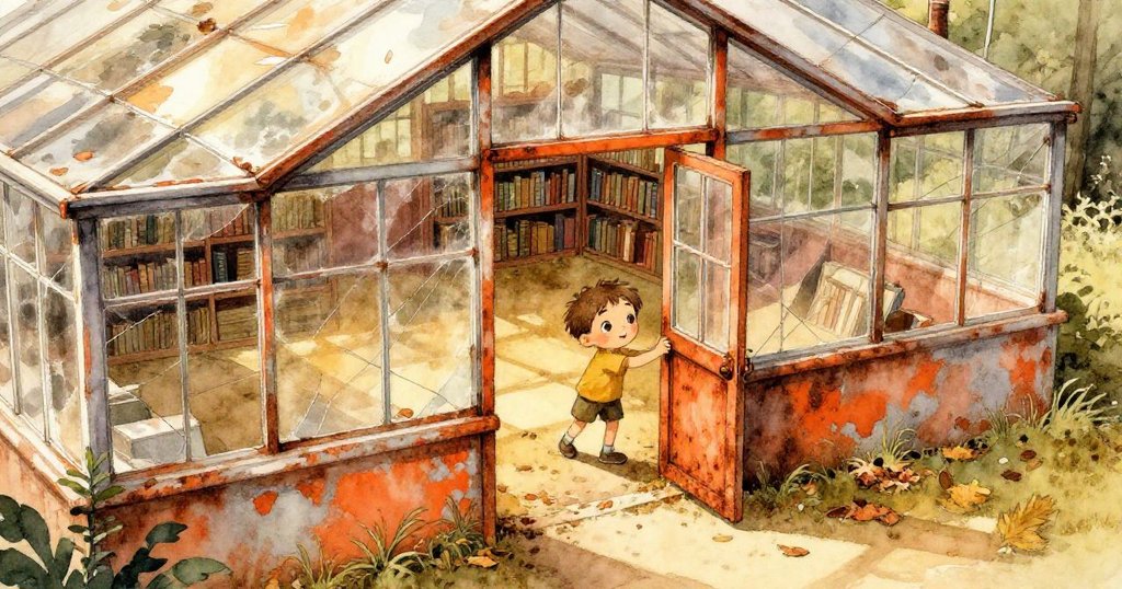 米洛在圖書館後的溫室中推開生鏽木門，鳥瞰見斑駁油漆、破裂玻璃與飄散落葉，充滿探索與期待。