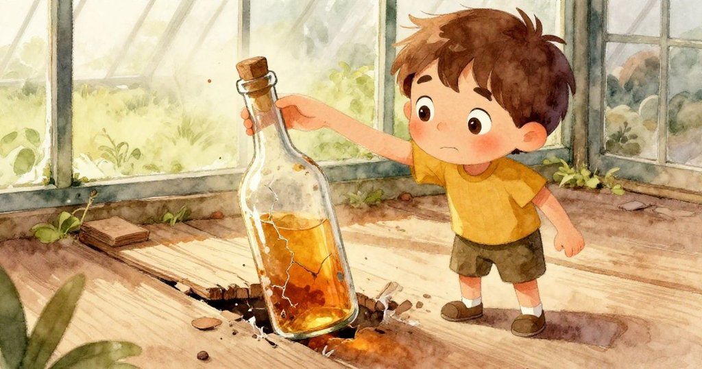 米洛在溫室中發現破裂玻璃瓶，手輕輕拾起瓶子，背景中鬆動木板與散落花粉激起探索好奇。