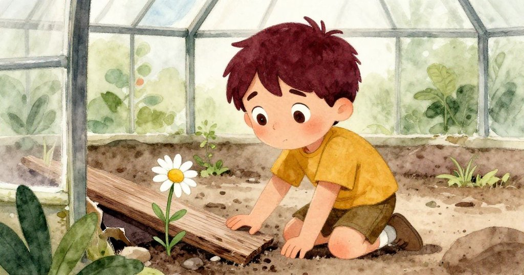 米洛跪於舊溫室中，目光堅定用力推開擋板，使鮮豔雛菊得以重見天日，展現探索決心。