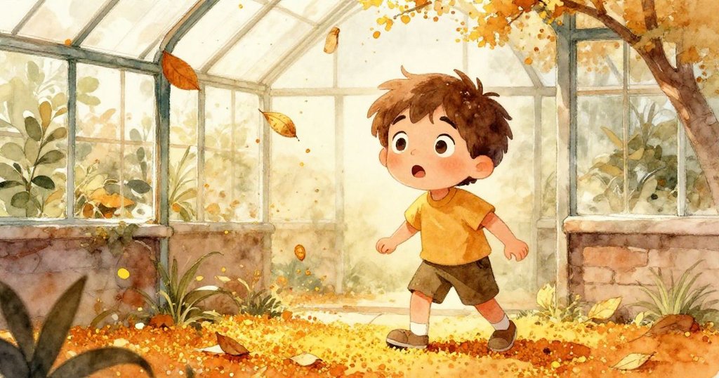 米洛在破碎窗戶透入陽光的溫室中驚訝打噴嚏，金色花粉與落葉隨風舞動，營造動感與神奇氛圍。