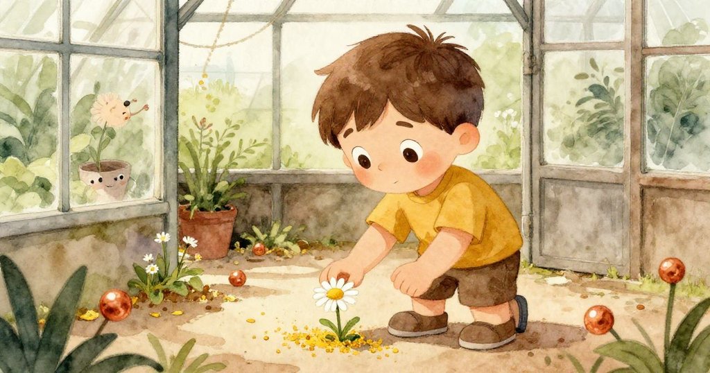 米洛於溫室混亂過後用指尖輕撫雛菊，細心挑選完美花朵，展現沉著與溫柔探索的心情。