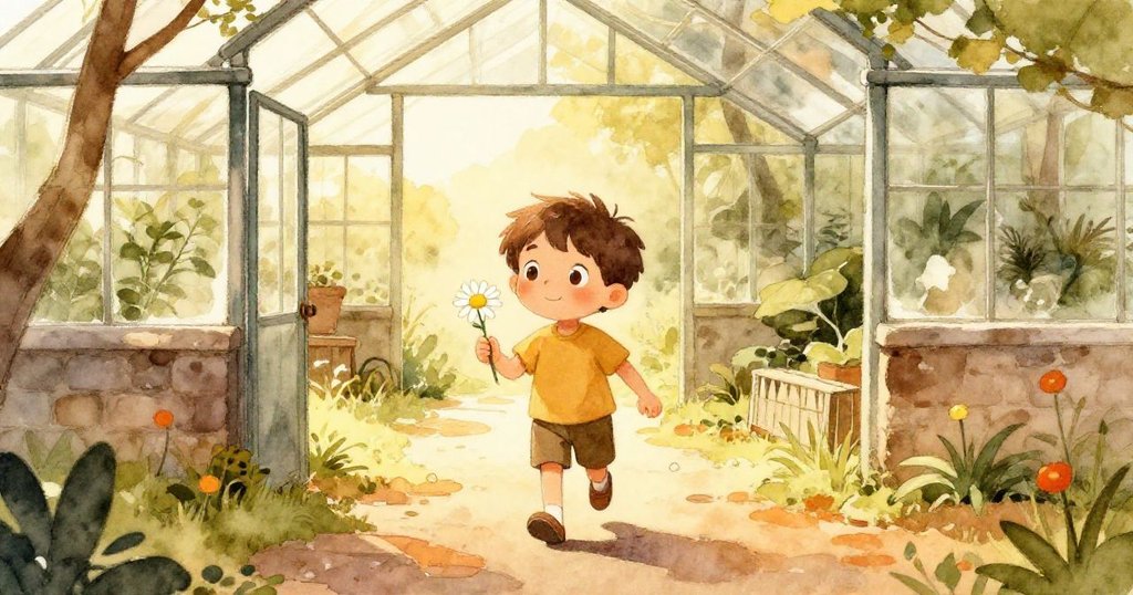 米洛手持珍貴雛菊，背向溫室內散落落葉，望向光明開闊的新路，充滿希望與成長感的溫馨結局。