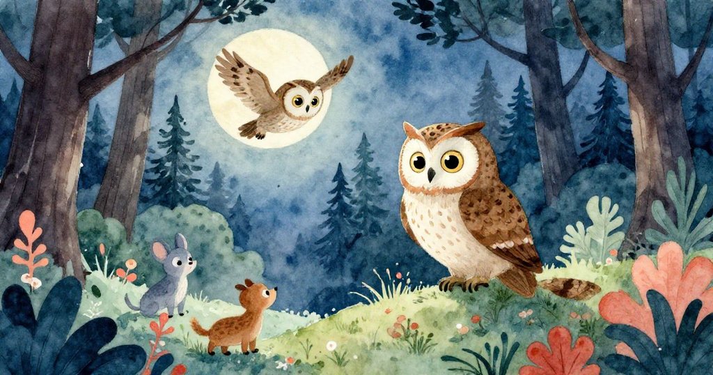 高聳松林下，奧利貓頭鷹翱翔於夜空，眾多森林小動物好奇注目，冷空氣中流露神秘與活力。