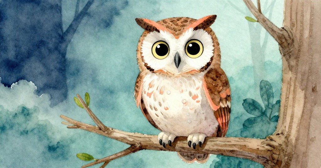 奧利輕柔降落在光禿樹枝上，細緻展現爪子與紋理，眼神中流露堅定與謹慎情緒。