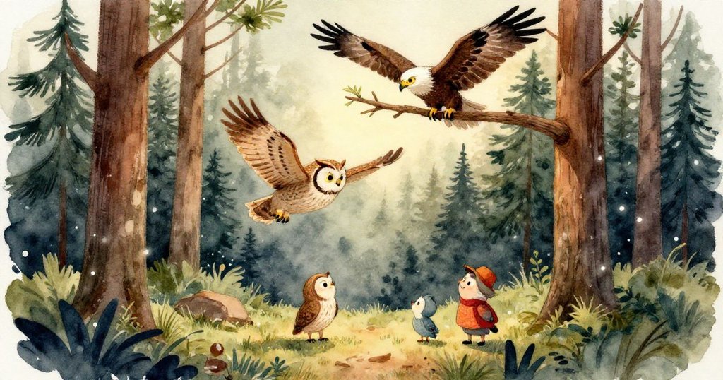 鷹巢在樹幹上輕微搖晃，小枝滑落，幼鷹好奇探出頭來，眼神中流露出驚訝與寬慰。