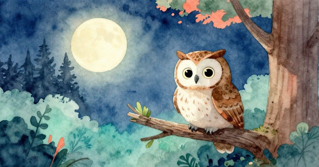 在柔和月光與曙光交織中，奧利收翅安坐於堅固樹枝上，睿智眼神漸閉，森林靜謐中迎來夜晚和平結束。