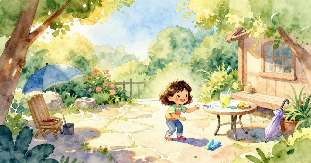 Nina在晨曦中於庭院石上以彩粉創作藍色河流與城堡輪廓，活潑動感中充滿期待與創意，場景溫暖明亮。