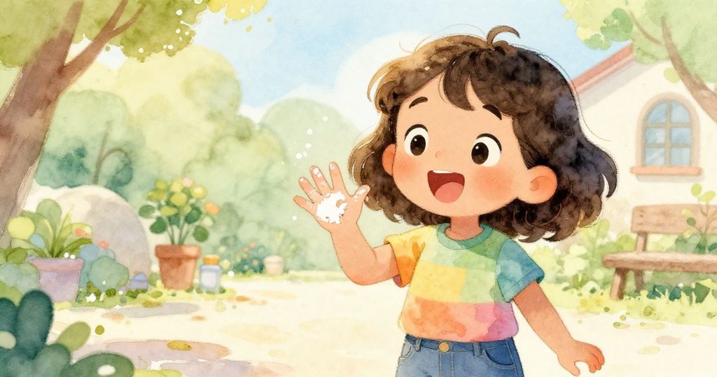 Nina在庭院中特寫展示驚喜臉龐，手沾彩粉與餅乾屑，背景隱約出現暖色庭院，充滿調皮與期待。