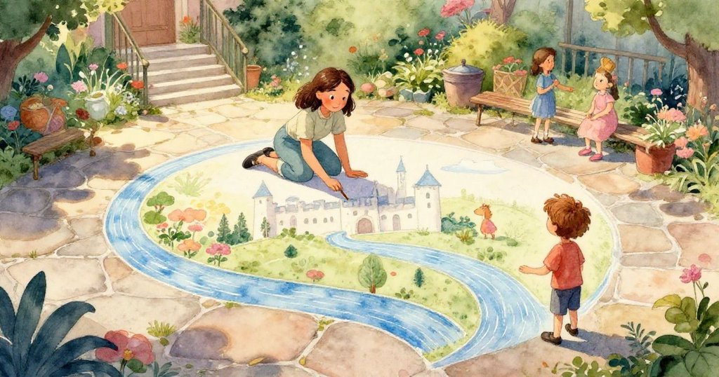 Sam從庭院門邊探頭看著桌上傘撞杯濺起金色檸檬水，玻璃上水珠如窗景般閃耀，充滿好奇與驚奇。