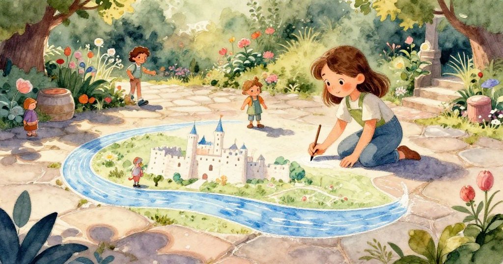 庭院中檸檬水沿藍線滑動，城堡圖案意外變形為高聳展翅鳥，夕陽與藍天形成動人魔幻轉變，令人讚嘆。