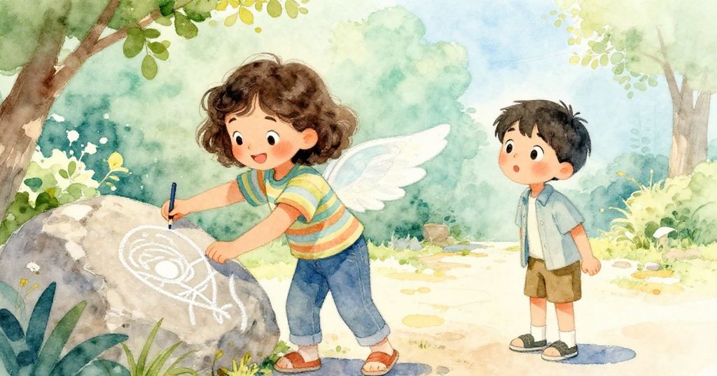 Nina與Sam在庭院中近距離互動，Nina添上鳥翼細節，Sam驚喜滿面，共享創意與歡樂，氛圍溫馨動人。