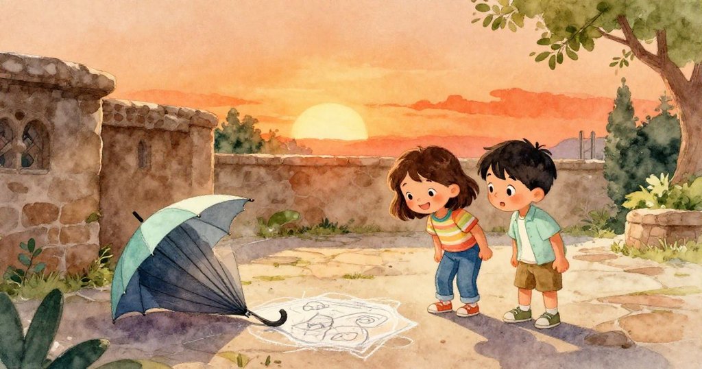 夕陽下的庭院中，Nina與Sam靜坐欣賞變幻成鳥的彩粉畫，傘臥桌旁，暖橙光映出創作完成的成就與寧靜。