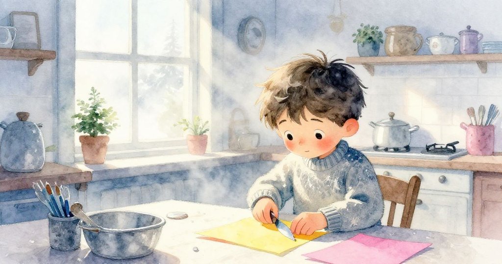 山姆在清晨薄霧中於敞開窗戶的溫馨廚房裡專心剪紙，臉上充滿期待與活力，準備明日手工展覽。