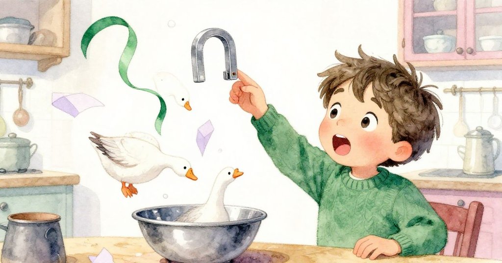 從傾斜角度看見山姆伸手抓取失控的磁鐵，彩帶與紙鵝正一同跌落至金屬碗中，場面充滿動感與驚訝。