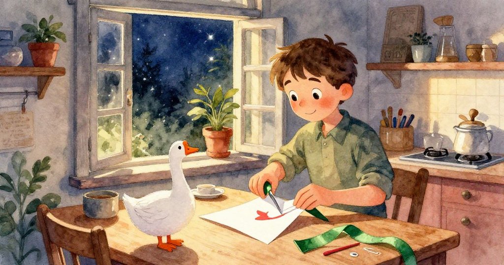 散落在光滑地板上的麥片圈類似水面波紋，一枚銀幣從冰箱下滾出，優雅彈入紙鵝內，情境夢幻而奇異。