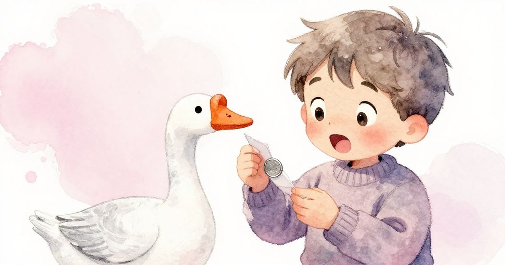 山姆驚喜地發現紙鵝中隱藏的銀幣，眼中流露驚奇與喜悅，溫暖燈光下手工藝品散發魔法光芒。