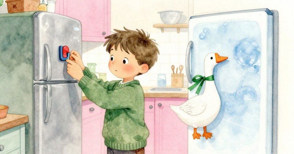 山姆滿足地將彩帶按回原位並嵌入磁鐵，使紙鵝穩貼冰箱上，溫馨廚房燈光暗下，成就感油然而生。