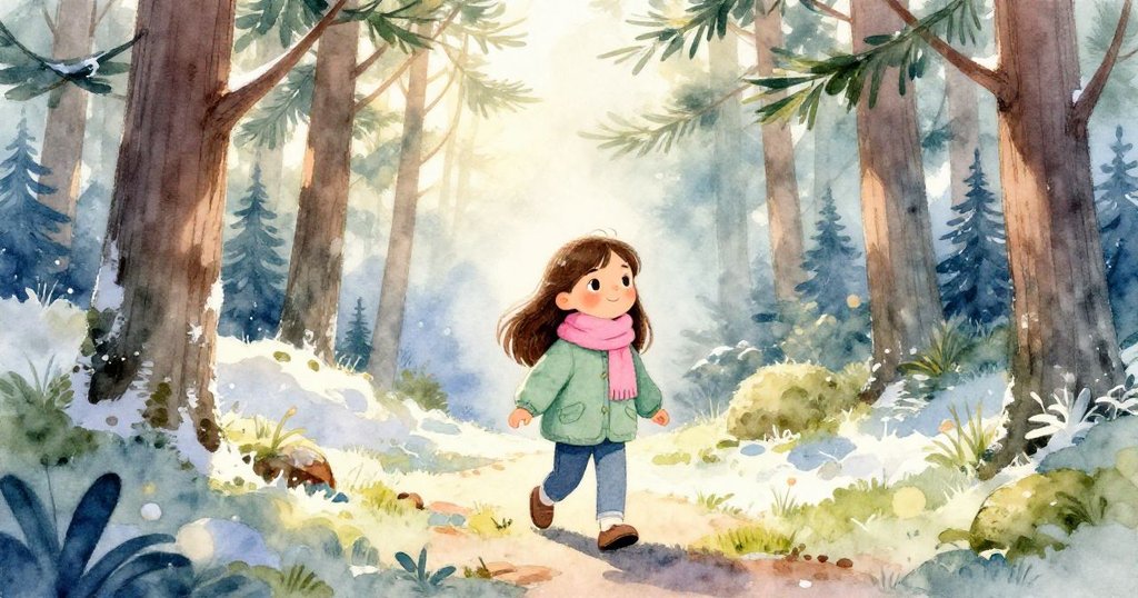 Mia 帶著相機走進晨霧森林，陽光透過高聳松樹灑下，神情期待且充滿好奇。