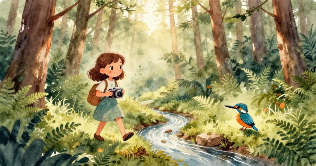 Mia 的手輕觸相機按鍵，細看水面上閃耀銀色漣漪與落下松錐，表情專注、充滿好奇。