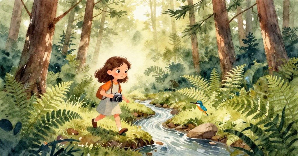 透過水下視角看見Mia倒影與森林樹影交織，水面漣漪細膩流動，充滿清新與夢幻的自然美。