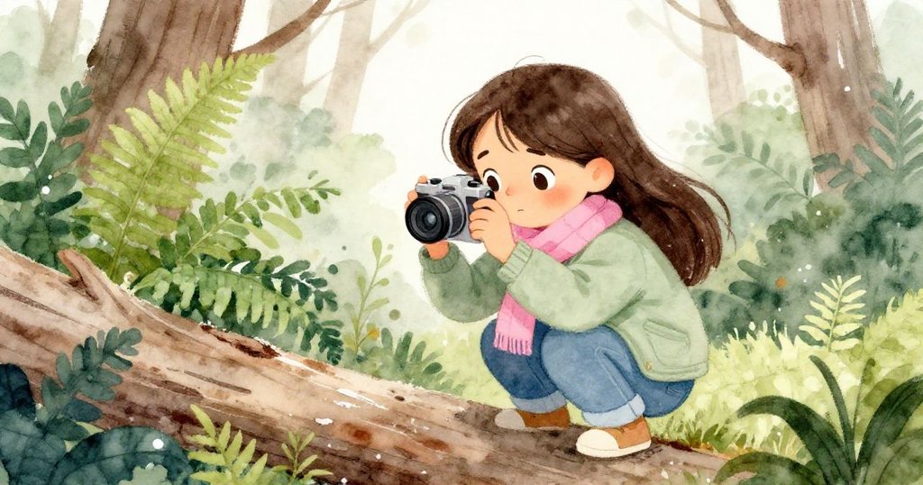 Mia 躲在濕潤樹木後，決定按下相機快門，神情堅定地捕捉突發寧靜瞬間，充滿專注與勇氣。