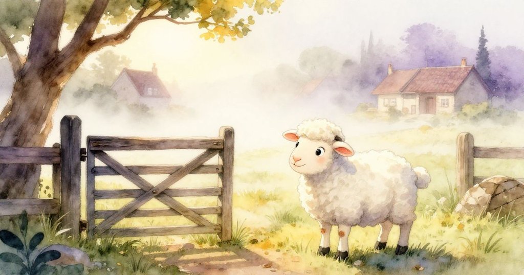 晨光中,小羊Lamby站在馬廄門前,霧氣瀰漫,背景遠見村舍與榆樹枝,表情好奇而溫柔。