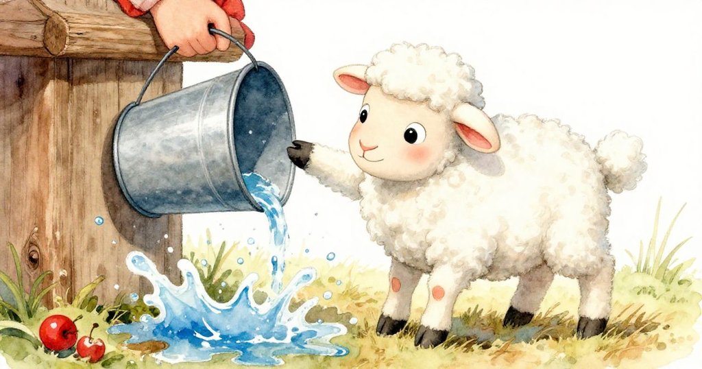 小羊Lamby用蹄子踢動懸掛水桶,使水花四濺,晨光中桶與木門細節清晰生動。