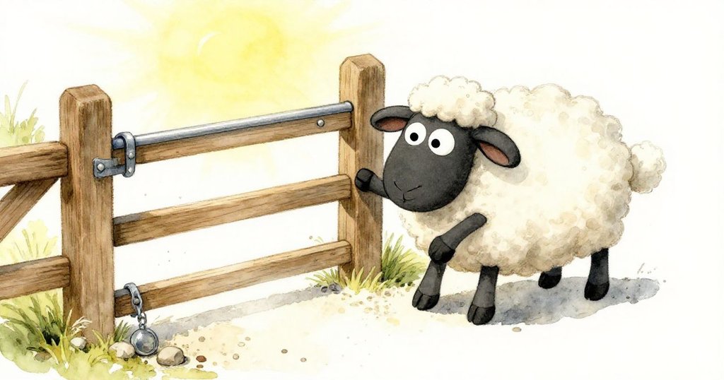 從高角度看,小羊Lamby使勁推動木門,鐵欄發出響聲,周圍灰塵與石子飛揚,場面動感十足。