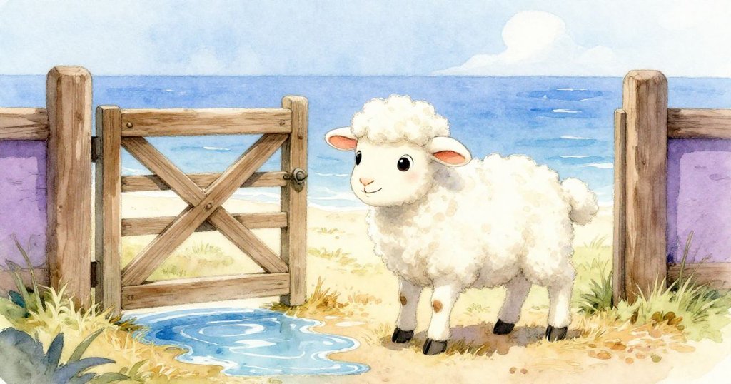 時間推移中,小羊Lamby小心避開濕滑稻草,旁邊水池於敞開木門前緩緩形成,光影漸變溫柔。