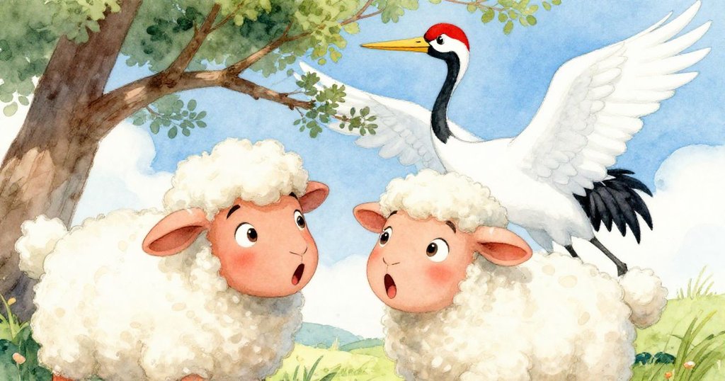 突然間,高大起重鶴從低垂榆樹枝後現身,小羊Lamby驚呆耳豎眼闊,背景楊葉輕飄,情緒緊張。