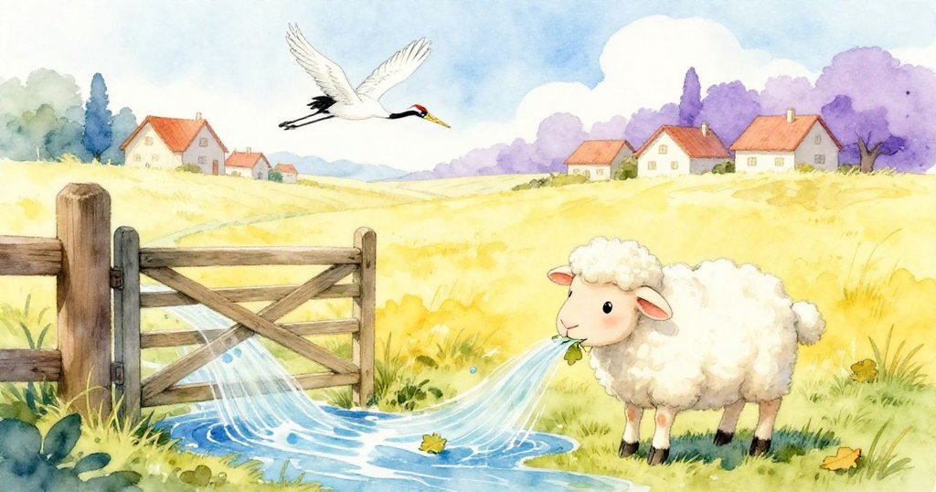 傍晚時分,小羊Lamby平靜咀嚼草料,近處水流與榆樹葉散落,遠方鶴影滑向安靜村莊,恢復寧靜。