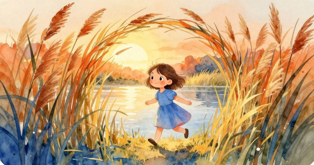 莉娜踏入晨光中寧靜池塘邊蘆葦拱門，手持畫冊展現期盼與好奇，背景充滿柔和光線與自然美景。