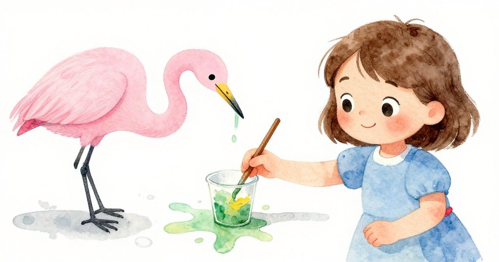 莉娜眼前紙上綠黃油彩意外融合，勾勒出鷺鳥脖線，她伸手感受瞬間變化，環境柔和而充滿驚喜。