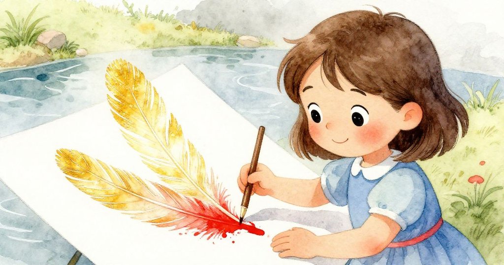 莉娜滿臉微笑將意外油彩痕轉為優雅羽毛，專注描繪於池邊畫板上，情緒從驚訝轉為創造喜悅。