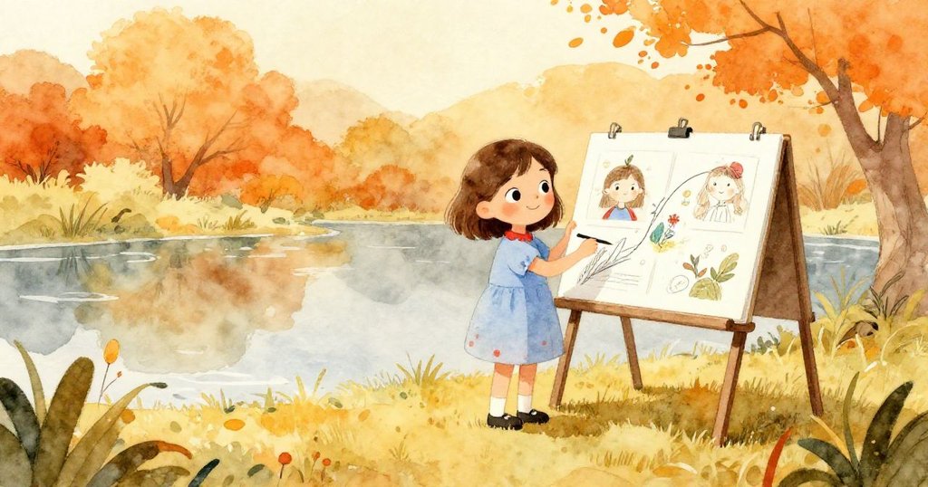 莉娜站在固定著完成作品的畫板前，滿懷創意與接受意外的欣慰，背景池塘寧靜，光線溫暖象徵蛻變之美。