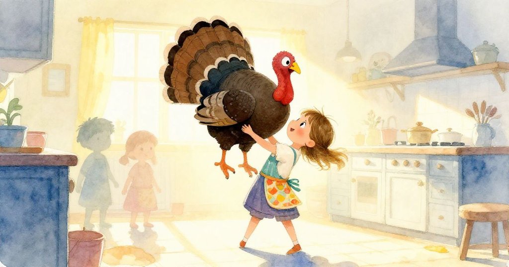 清晨廚房中,Nora輪廓在柔和陽光下舉起火雞,表情堅定,背景中有排隊等候的堂兄弟。