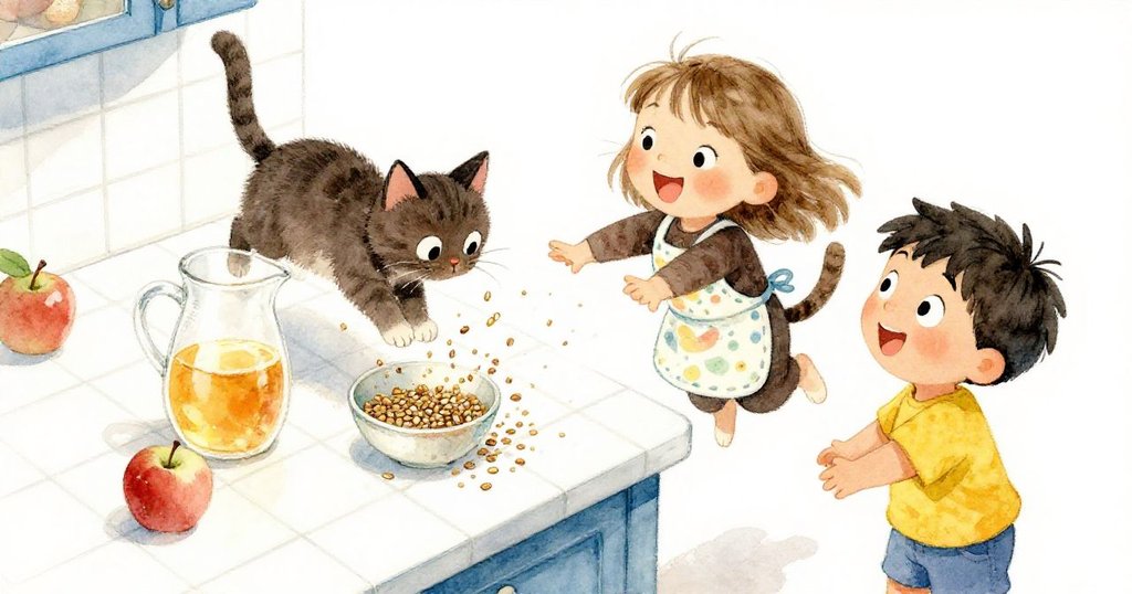 從高處俯瞰,Nora與Leo忙中,棕色小貓跳上櫃台,種子飛散,蘋果汁濺落於白色瓷磚上,現場混亂。