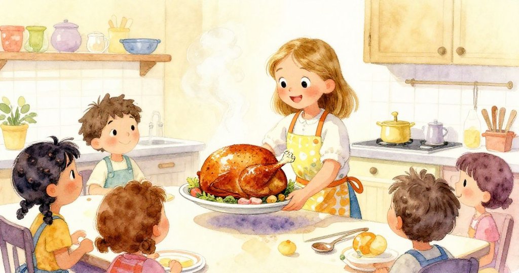 經歷事故後廚房漸漸平靜,Nora穩步步行持火雞,溫暖燈光灑在蒸氣中,堂兄弟靜觀現場。